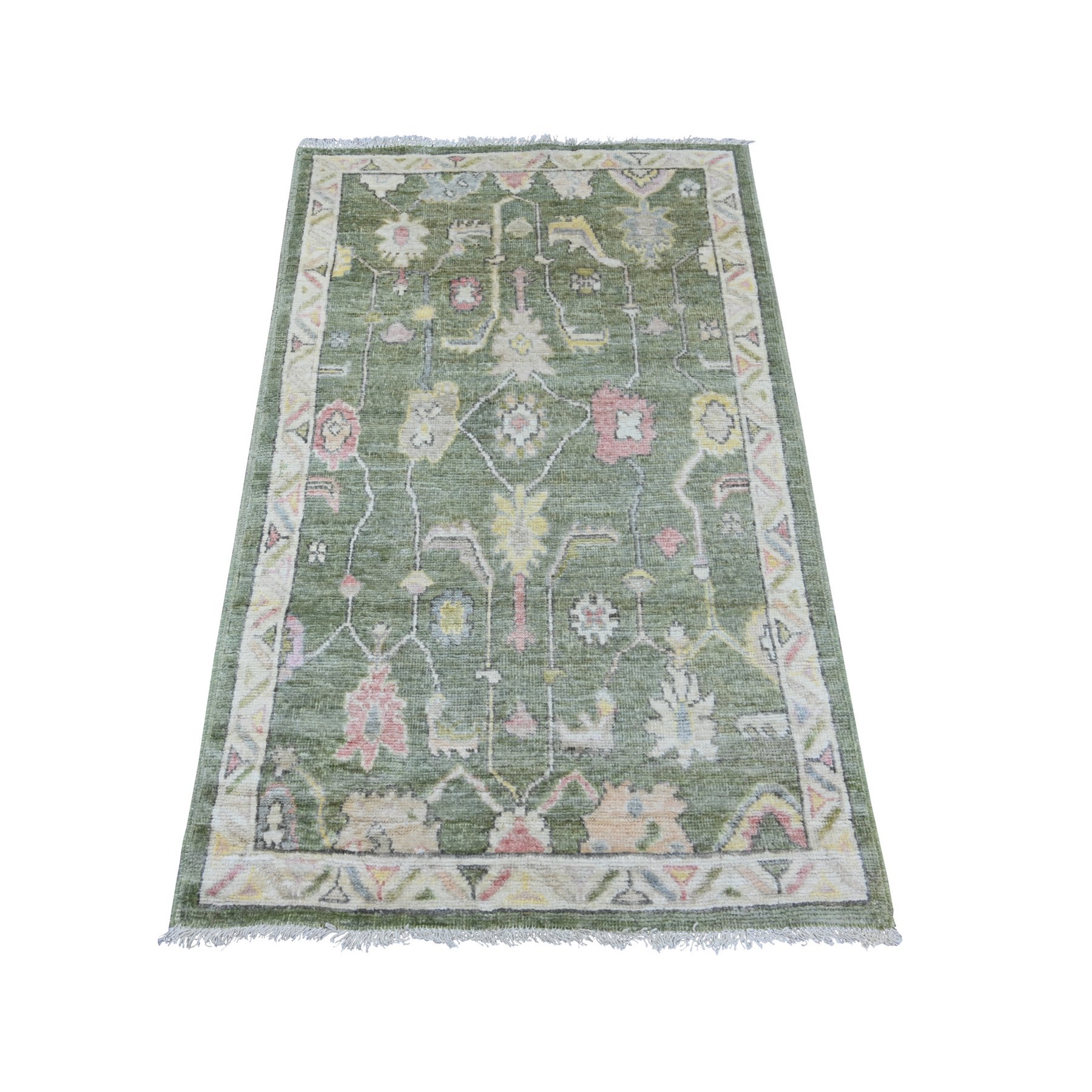 Pickle Green, 100% Wool, Afghan Angora Oushak with All Over Design, Hand Knotted, Vegetable Dyes, Oriental Rug